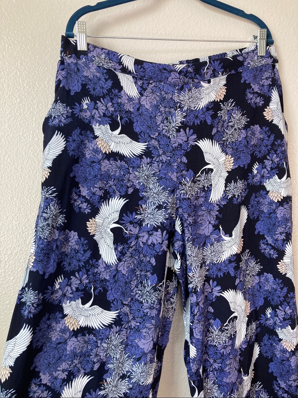 Ellos Wide Leg Soft Blue Crane Floral Pull On Pants Asian print sz L 18 20